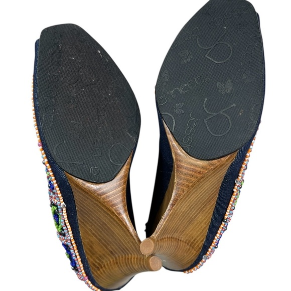 Jessica Bennett Jkirabu Beaded Denim Peep Toe Wedge Heels Beaded Wooden Platform - Picture 9 of 13
